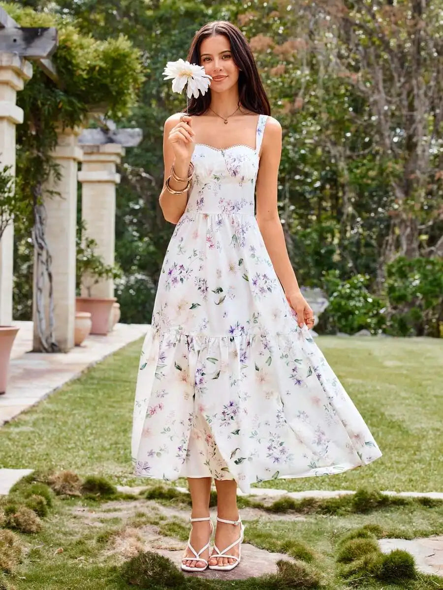 Elegant White Floral Womens Summer Cottage Core Dress For Garden Party Wedding Guest Graduation