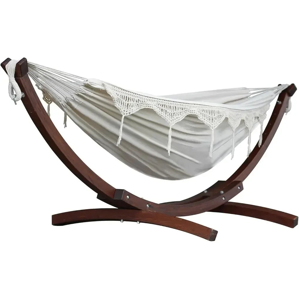 Durable Double Cotton Hammock with Pine Arc Stand - 450 lb Capacity, Complete with Hardware and Guide