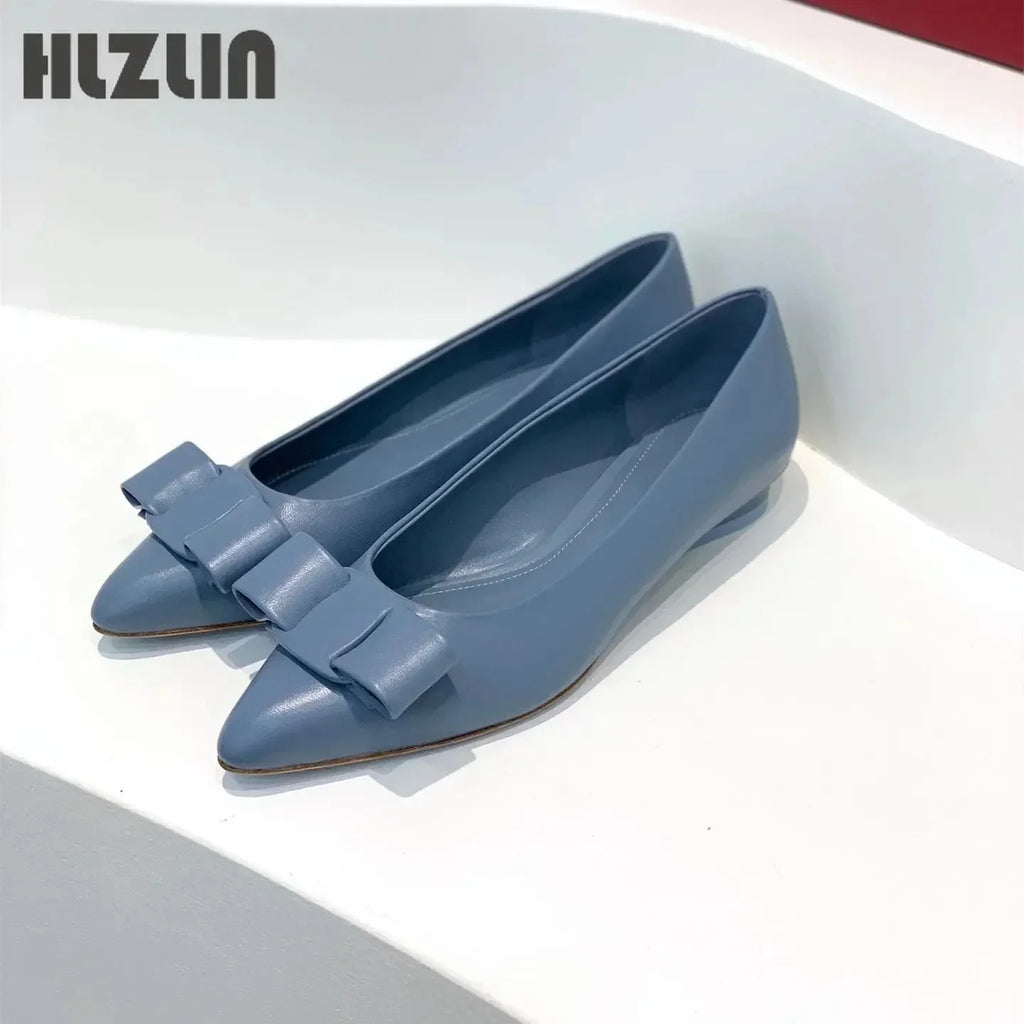 2026 Women's leather loafers, low-heeled moccasins with bows, light ballet flats spring and autumn