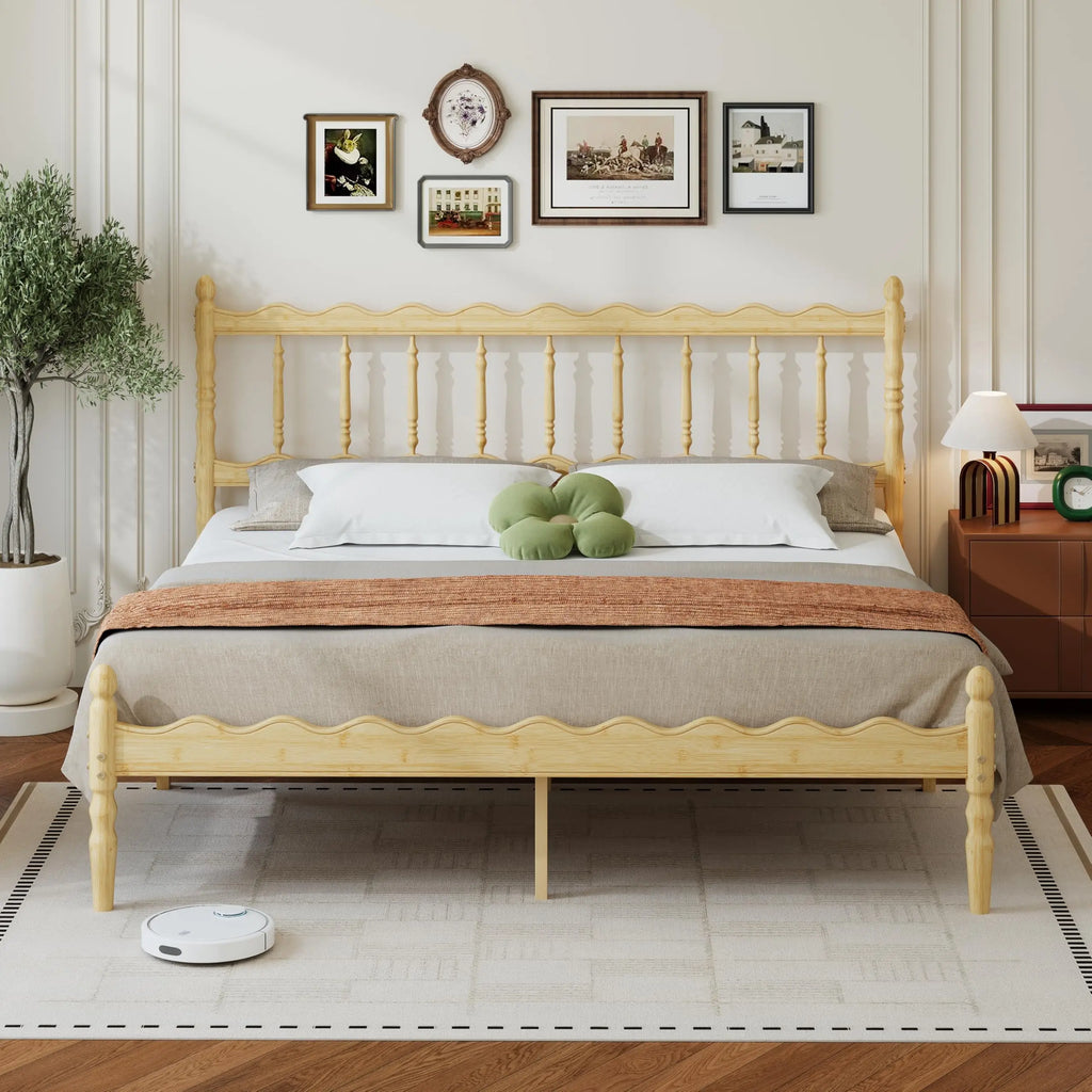 Twin XL Bamboo Platform Bed Frame With Scalloped Headboard 14 Inch Height Metal Slat Support