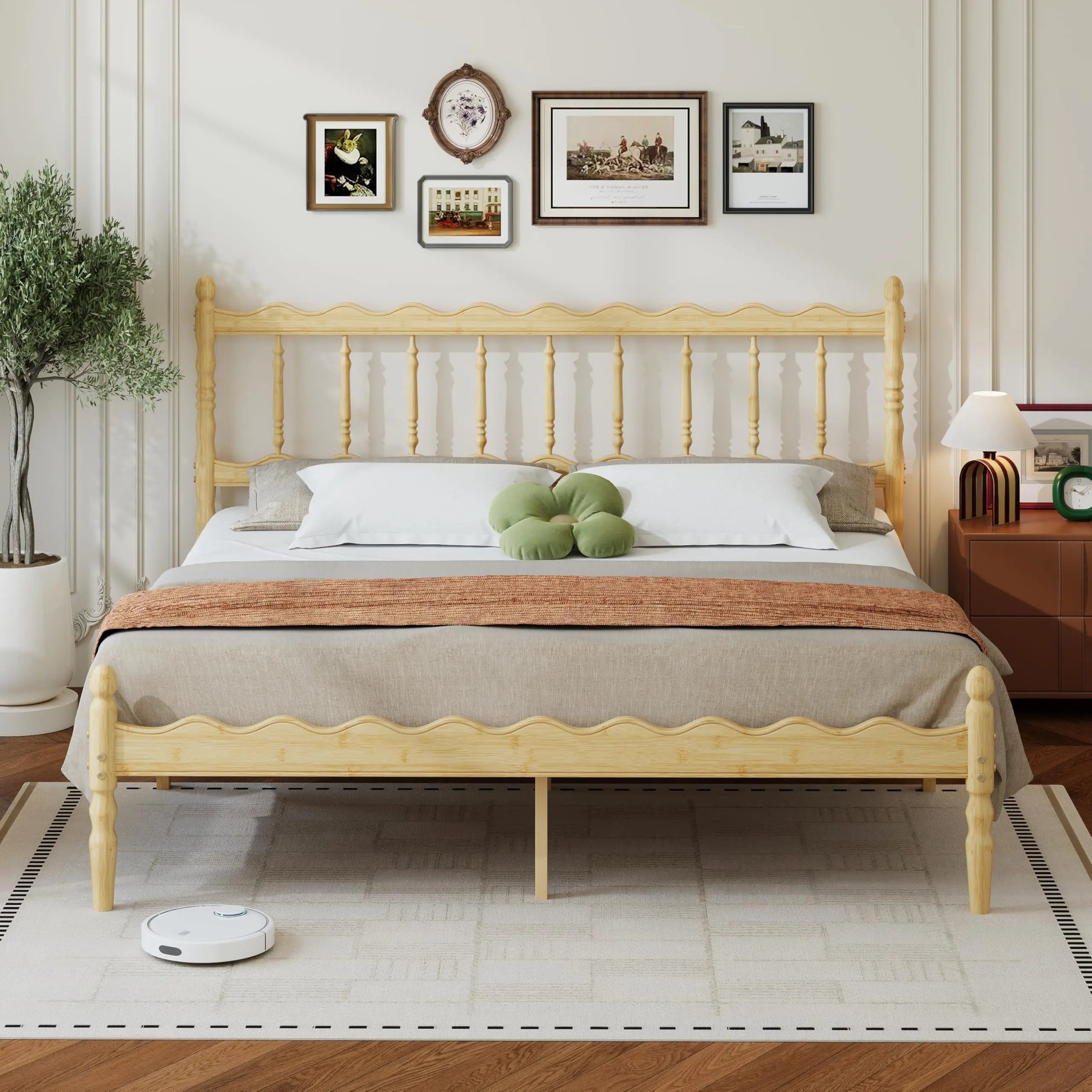 Twin XL Bamboo Platform Bed Frame With Scalloped Headboard 14 Inch Height Metal Slat Support