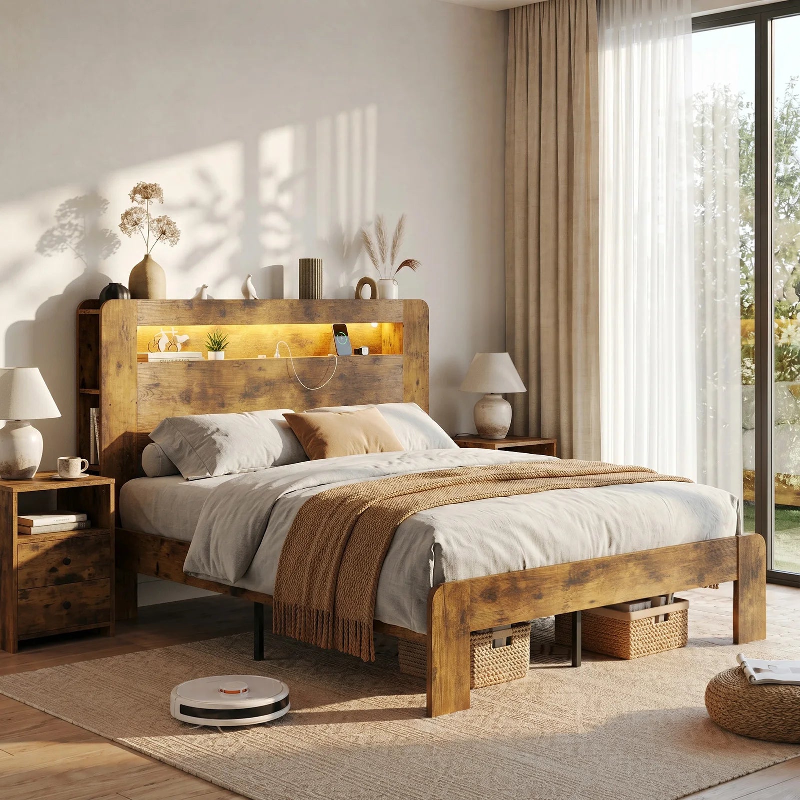 US Queen Size Bed Frame with Storage Headboard Platform Bed Frame with Charging Station LED Light Easy Assembly No Box Spring