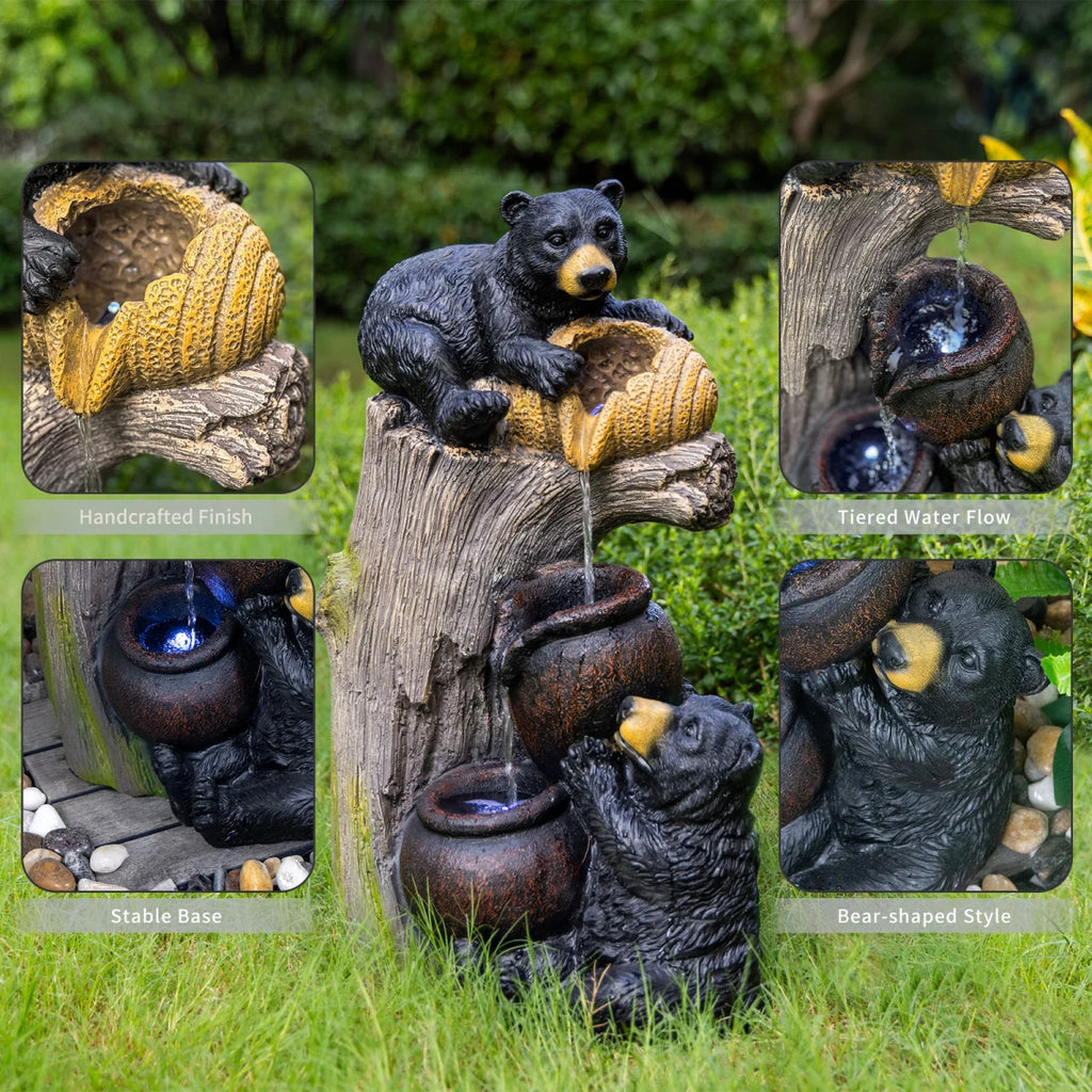 Bear Outdoor Water Fountain with LED Lights Cascading Fountains Outdoor for Patio Yard Balcony 23.62'' Garden Fountains Outdoor and Outdoor Water Fountain Decor   WL RR