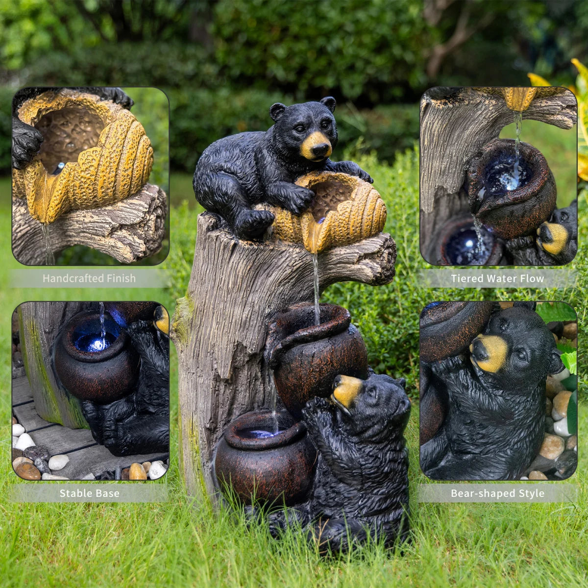 Bear Outdoor Water Fountain with LED Lights Cascading Fountains Outdoor for Patio Yard Balcony 23.62'' Garden Fountains Outdoor and Outdoor Water Fountain Decor   WL RR