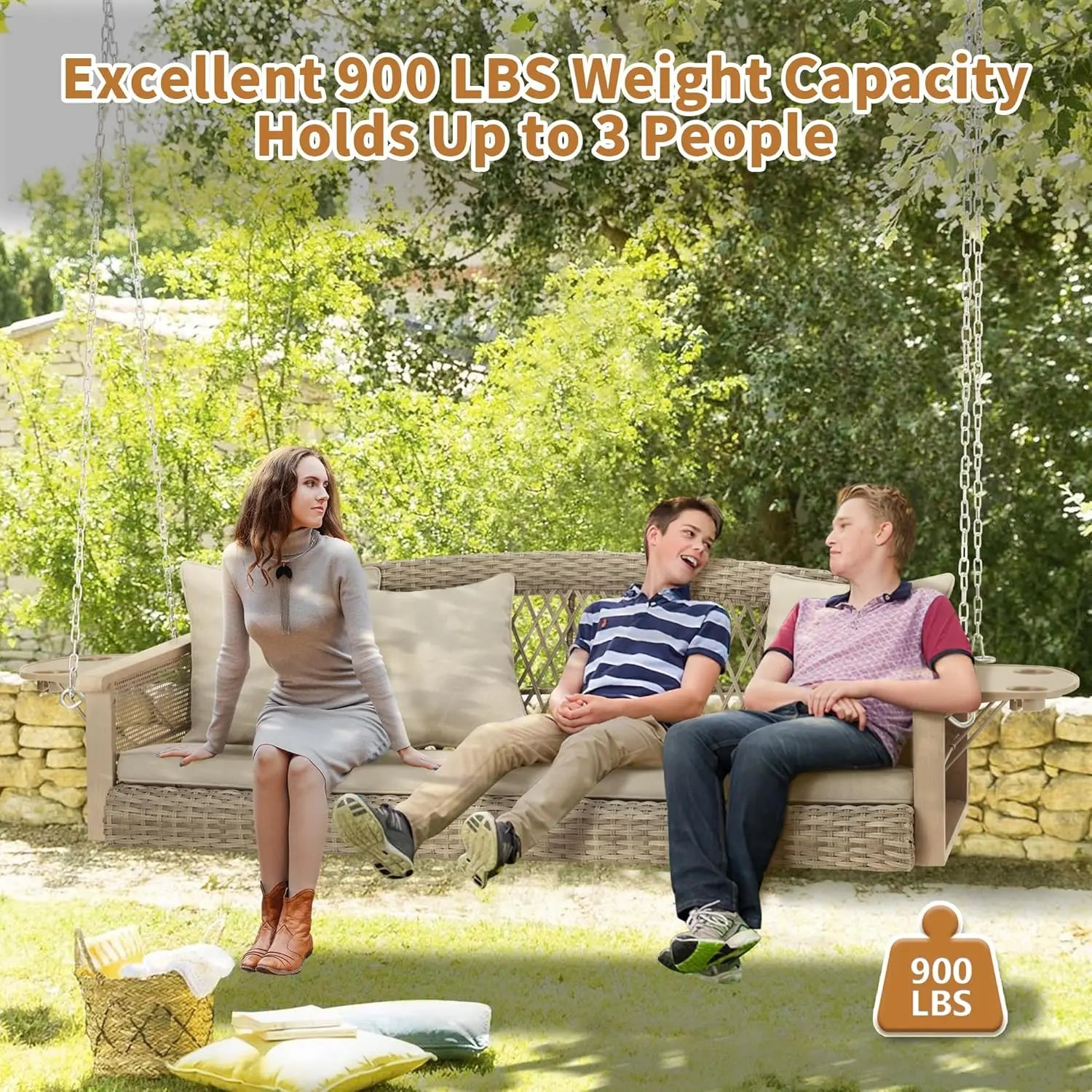 Deck Garden Backyard Porch Swing, 3-Person Wicker, Beige, Upgraded Cup Holder, 900lbs Capacity Chains