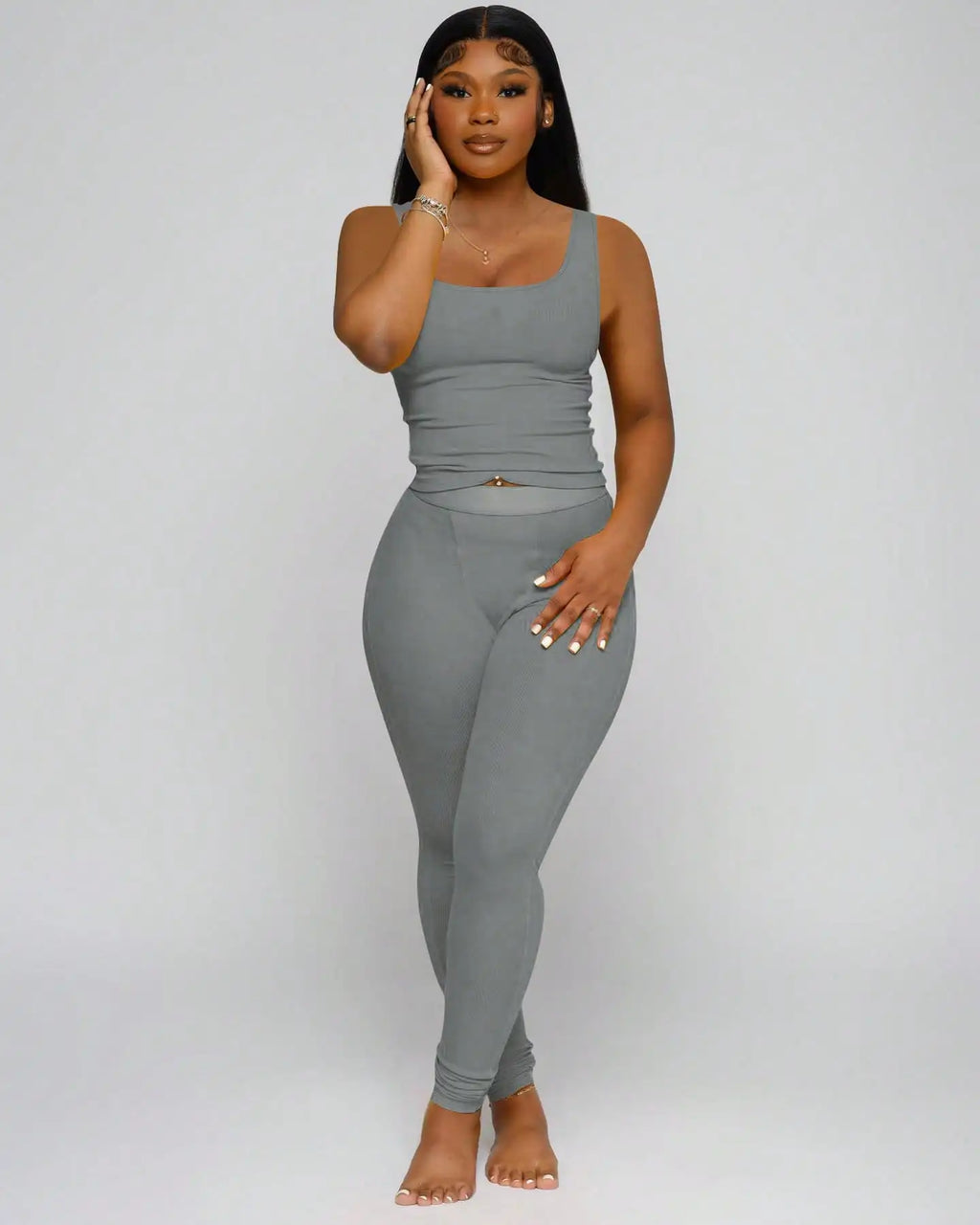 Women 2-Piece Activewear Set, ribbed crop tank top matched with high waist yoga leggings. Stretchy and skin-friendly fabric, snug fit, perfect for workout, yoga, gym training and daily casual leisure wear all day round