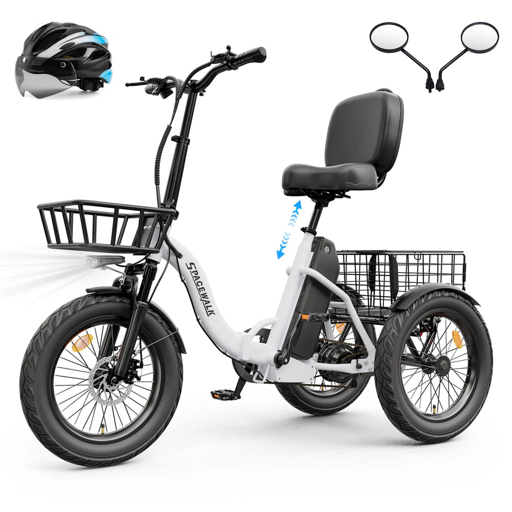 Spacewalk Electric Trike for Adults 1200W Peak Motor, 48V 15Ah Fat Tire 3 Wheel Electric Bike, 60 Miles Long Range Folding Cargo E Bike with Rear Basket, Adjustable Backrest Seat for Seniors-White