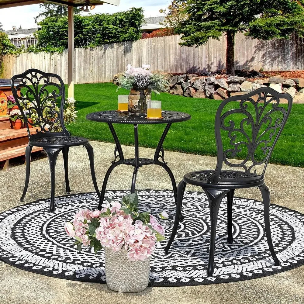 Outdoor 3-Piece All-Weather Cast Aluminum Patio Bistro Set with Umbrella Hole for Balcony and Yard, Black