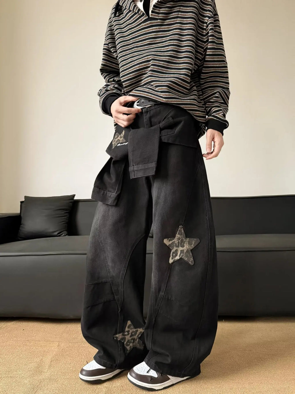 Men's Black Washed Baggy Wide Leg Jeans Leopard Print Star Patch Fake Layer Waist Design Hip Hop Street Style Casual Daily Outing Loose Denim Trousers