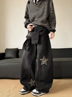Men's Black Washed Baggy Wide Leg Jeans Leopard Print Star Patch Fake Layer Waist Design Hip Hop Street Style Casual Daily Outing Loose Denim Trousers
