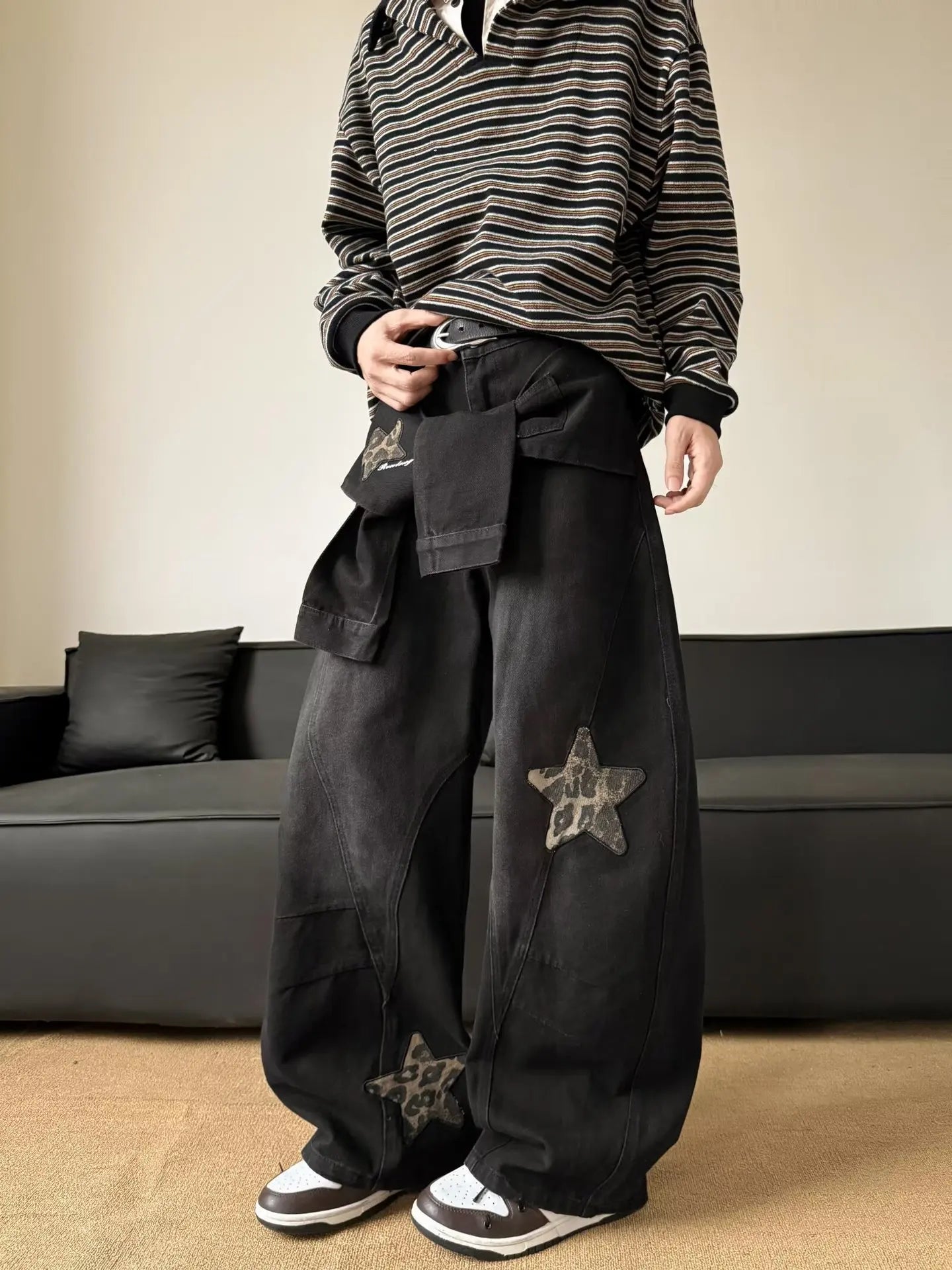 Men's Black Washed Baggy Wide Leg Jeans Leopard Print Star Patch Fake Layer Waist Design Hip Hop Street Style Casual Daily Outing Loose Denim Trousers