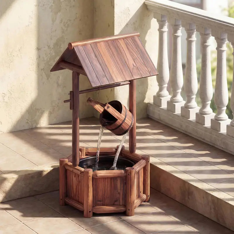 Garden Rustic Wishing Well Wooden Water Fountain with Pump