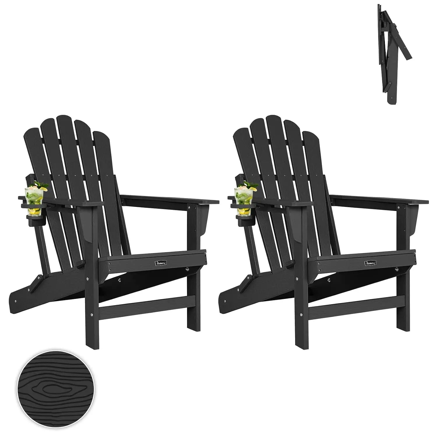 Folding Adirondack Chairs Set of 2, All Weather HDPE Wood Texture Fire Pit Chairs with Cup Holder for Outdoor, Customized
