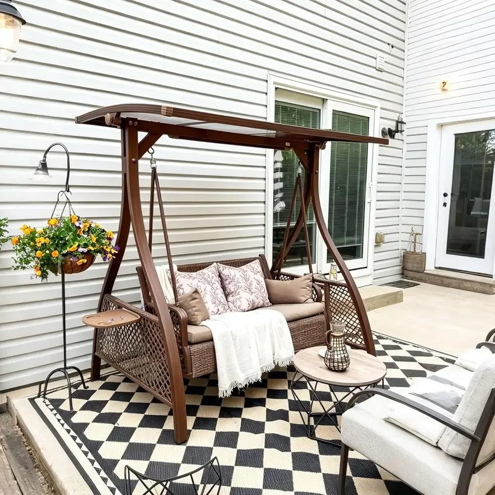 2 Person Wicker Porch Swing Chair with LED Light and Cushions for Outdoor Relaxation