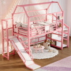 Twin Size Metal Bunk Bed with Slide, Stairs & Storage, Playhouse Underneath, Pink for Kids