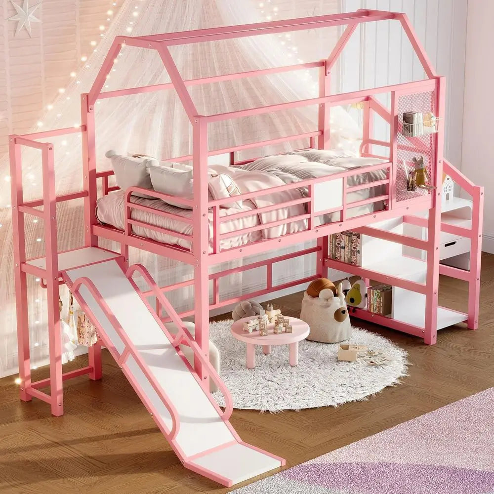 Twin Size Metal Bunk Bed with Slide, Stairs & Storage, Playhouse Underneath, Pink for Kids