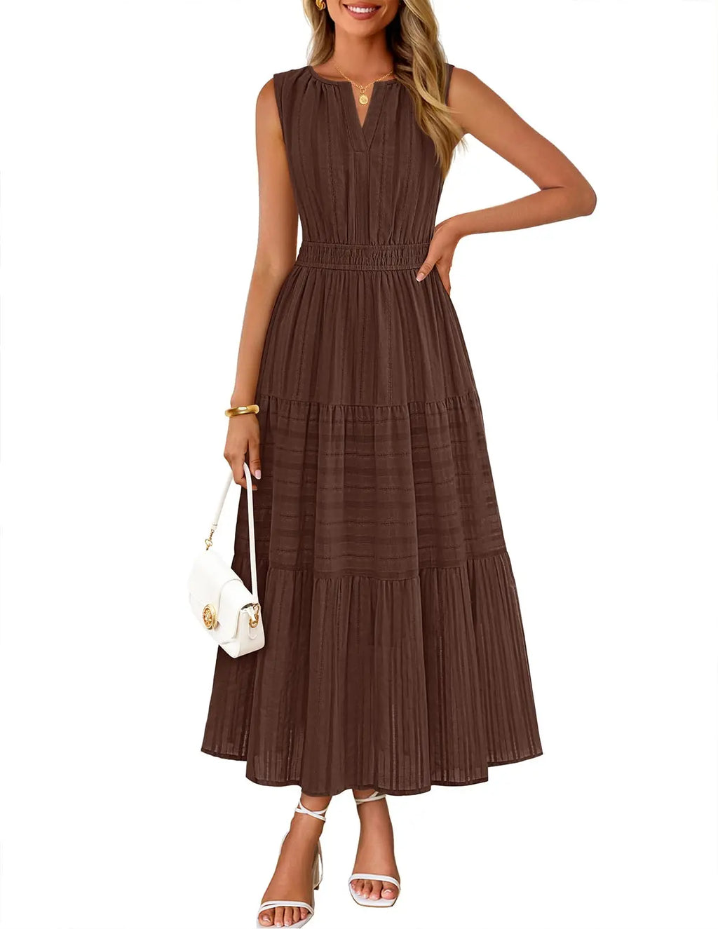 Womens Sleeveless V-Neck Boho Midi Maxi Dress With Pockets Casual Summer Beach Vacation Dress