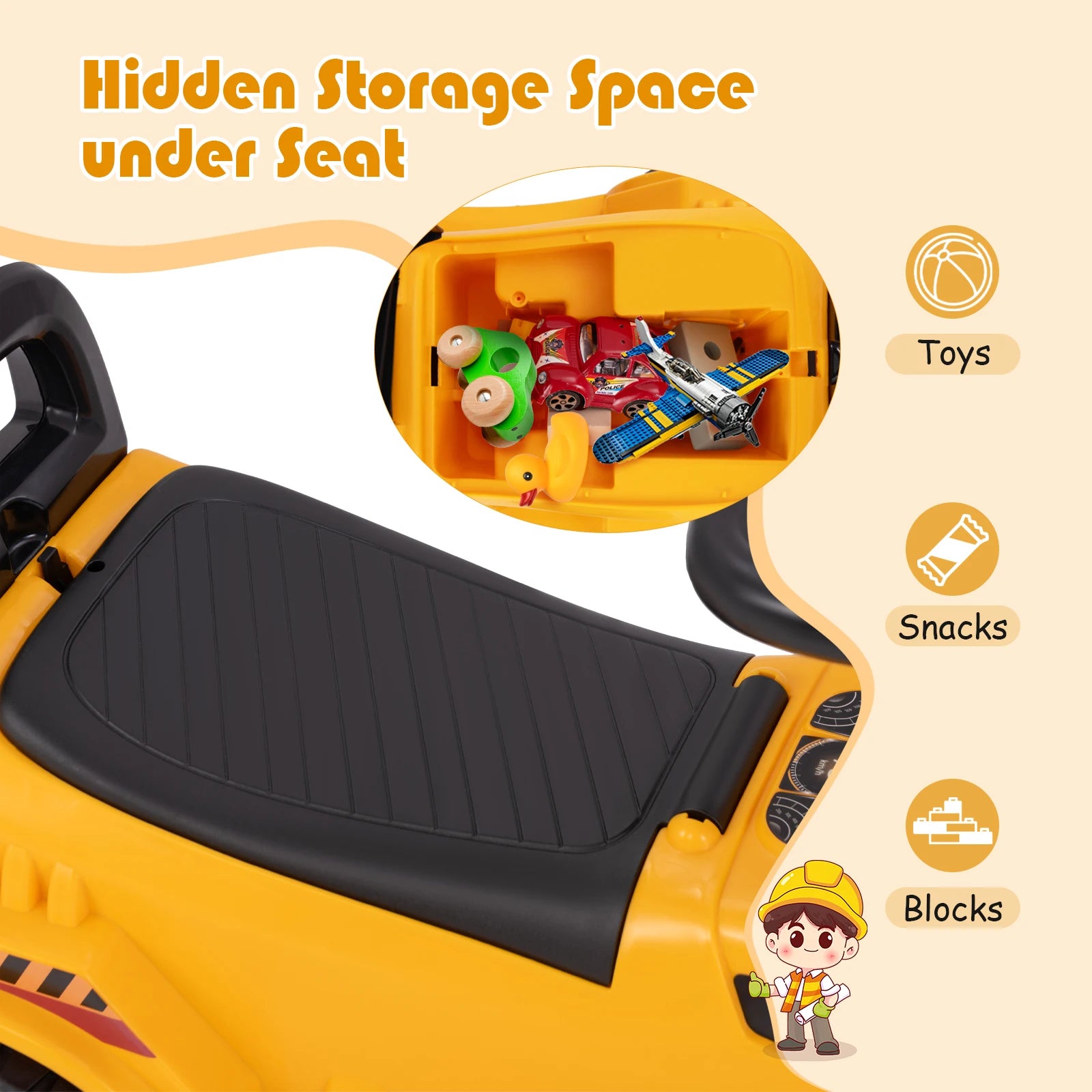 Kids Ride on Excavator with Adjustable Shovel Anti-Tipping Block Engine Sound