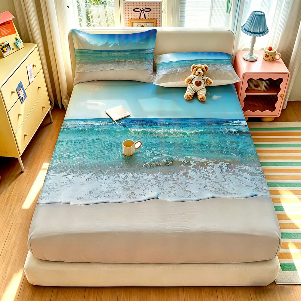 3pcs blue ocean Printed Coreless Bed Sheet Summer Set Multi Size Comfortable Bedding Decoration Machine Washable