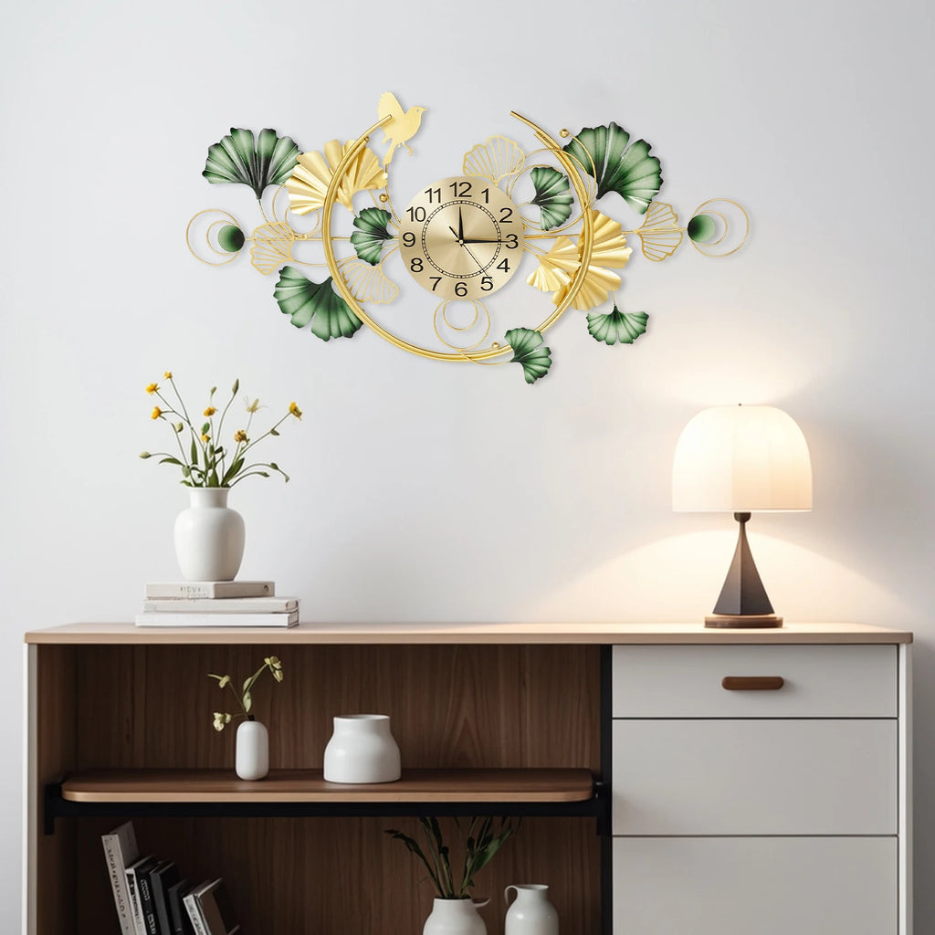 Wall Clock Metal Ginkgo Leaf Decor Large Hanging Silent Art Clock 100x50cm Modern Living Room Decorative Clock for Bedroom Office Hotel Restaurant Cafe Entrance Handmade Iron Large Wall Art Gold Green Elegant Gift