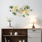 Wall Clock Metal Ginkgo Leaf Decor Large Hanging Silent Art Clock 100x50cm Modern Living Room Decorative Clock for Bedroom Office Hotel Restaurant Cafe Entrance Handmade Iron Large Wall Art Gold Green Elegant Gift