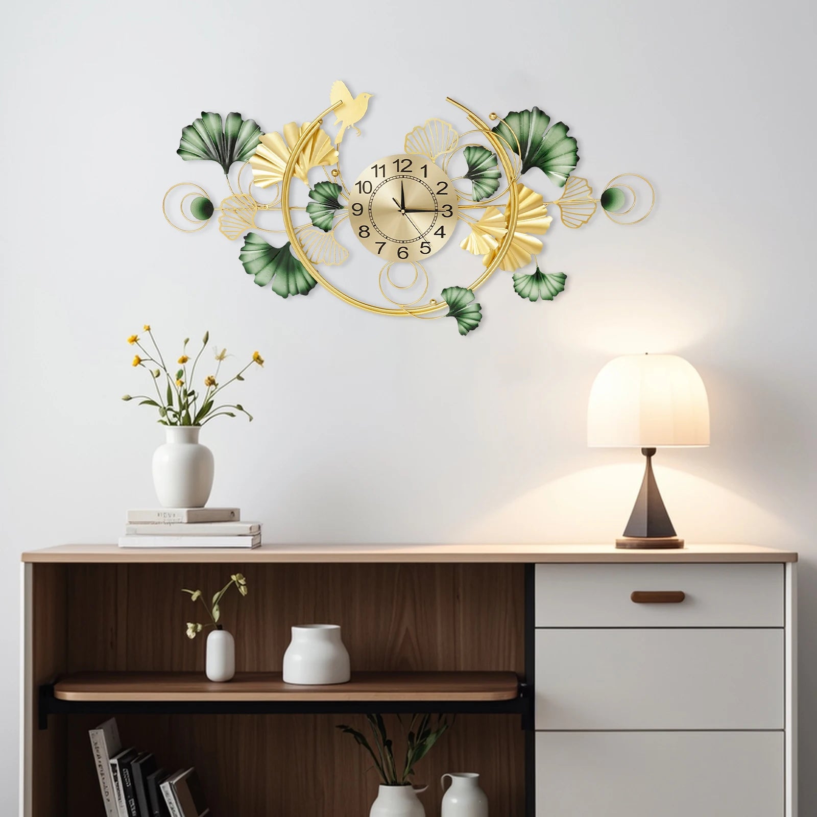 Wall Clock Metal Ginkgo Leaf Decor Large Hanging Silent Art Clock 100x50cm Modern Living Room Decorative Clock for Bedroom Office Hotel Restaurant Cafe Entrance Handmade Iron Large Wall Art Gold Green Elegant Gift