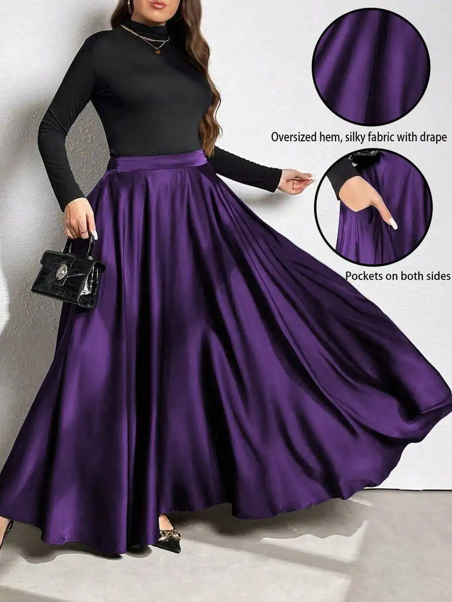 Elegant Solid Color Flared Maxi Skirt For Women Autumn