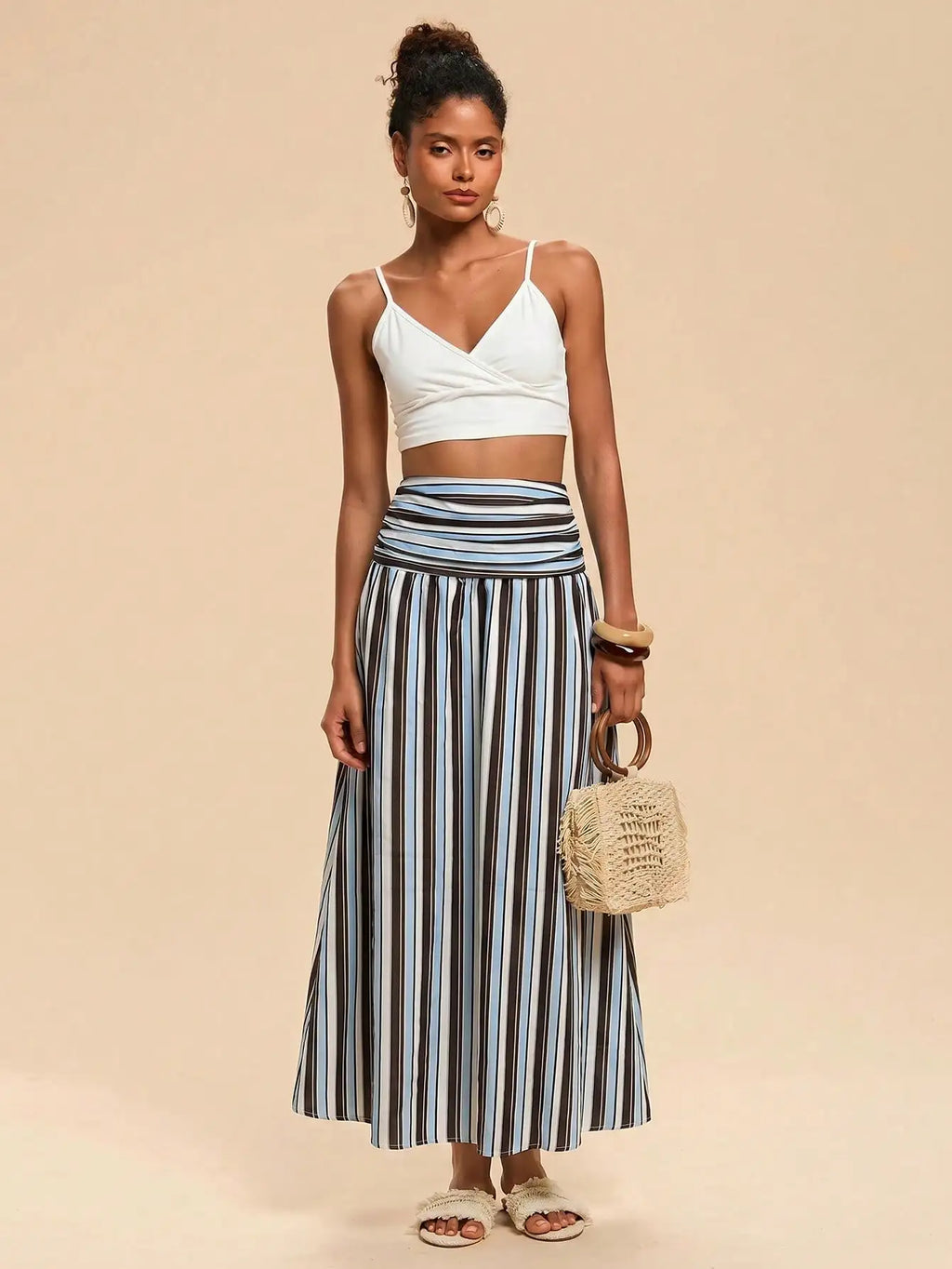 Travachic Women's Ruched Striped Casual Vacation Midi Skirt
