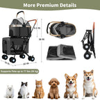 Travel Pet Stroller for Multi-Pet Homes, Detachable Carrier Material, Black, Foldable with Safety Belts and 4 Lockable Wheels