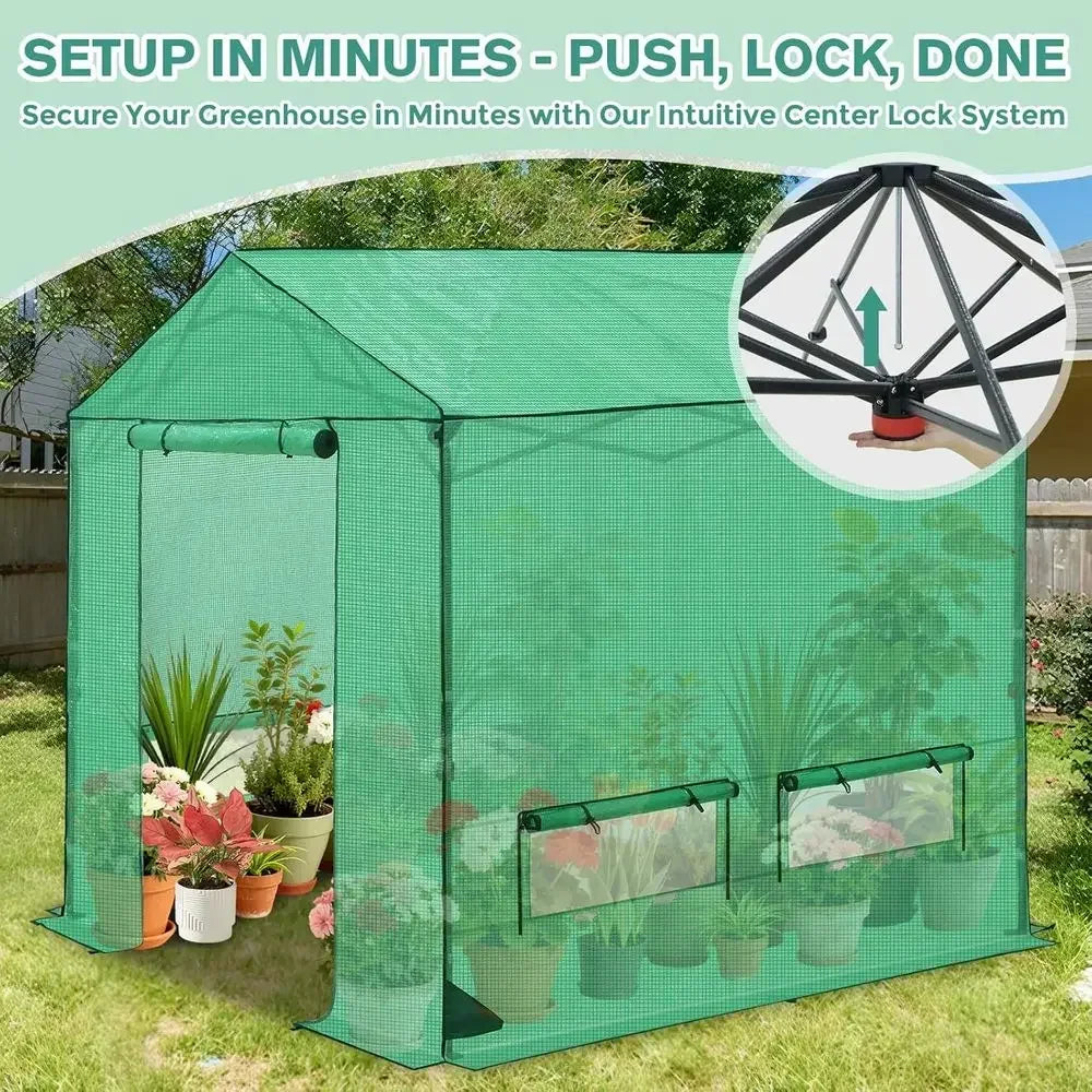 8x8 Walk-In Outdoor Garden Greenhouse with Automatic Ventilation, Zippered Doors & Windows, Green PE Cover