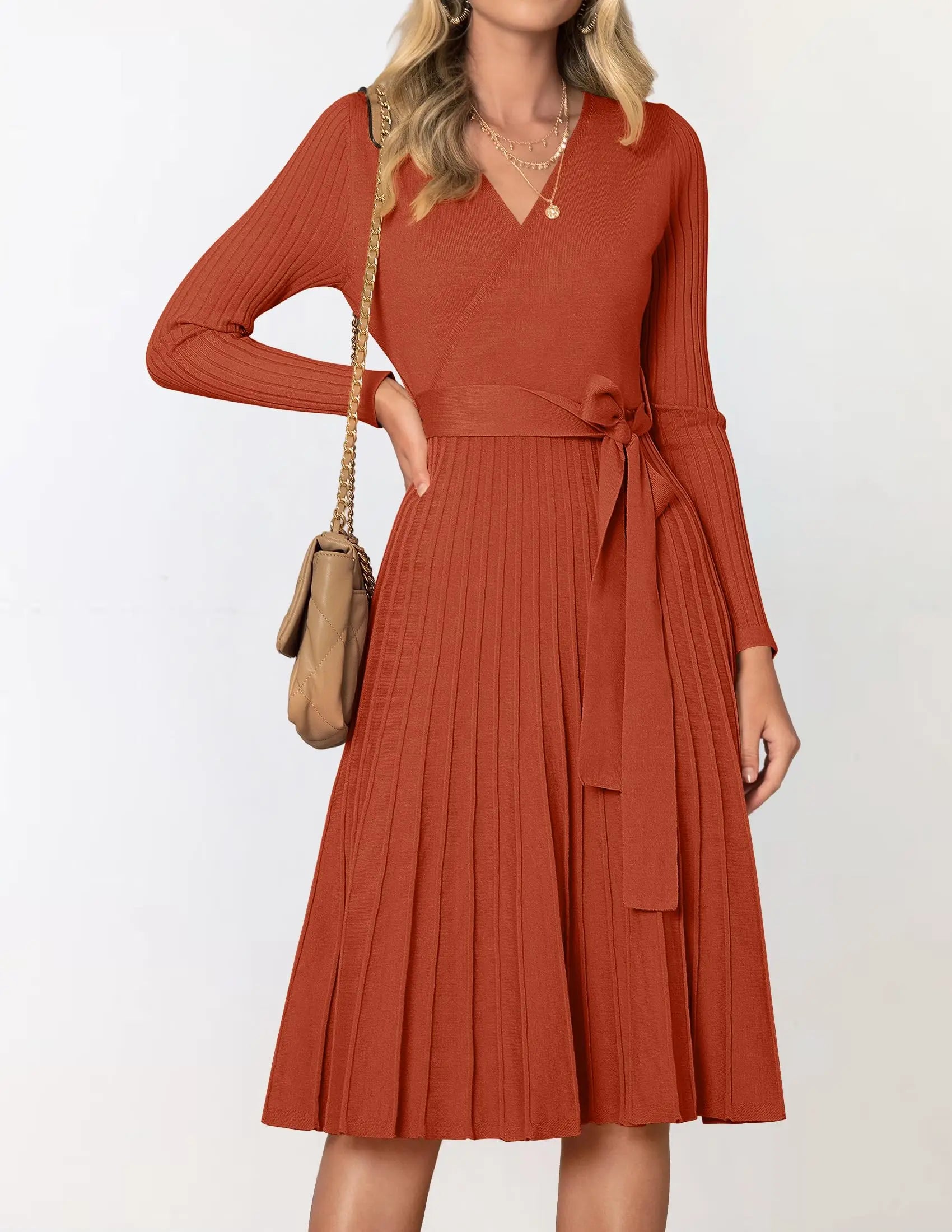 Womens Long Sleeve Wrap V Neck Ribbed Knit Pleated A-Line Sweater Dress With Belt
