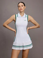 Preppy Style Sleeveless Polo Golf Tennis Dress - Women Summer Stretchy Tennis Skirt with Collar, Elegant Green Stripe A-Line Mini Dress for Golf Vacation