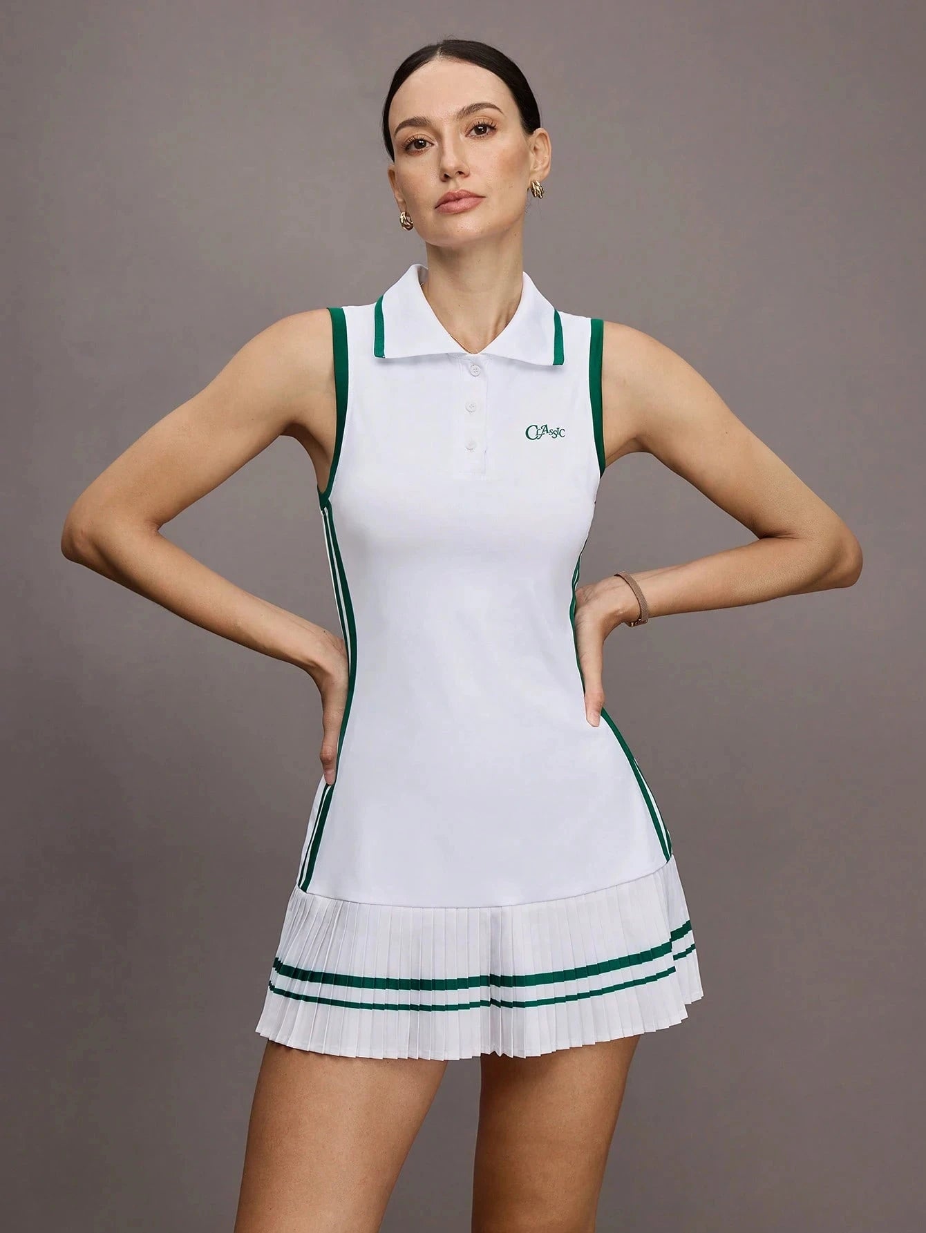 Preppy Style Sleeveless Polo Golf Tennis Dress - Women Summer Stretchy Tennis Skirt with Collar, Elegant Green Stripe A-Line Mini Dress for Golf Vacation