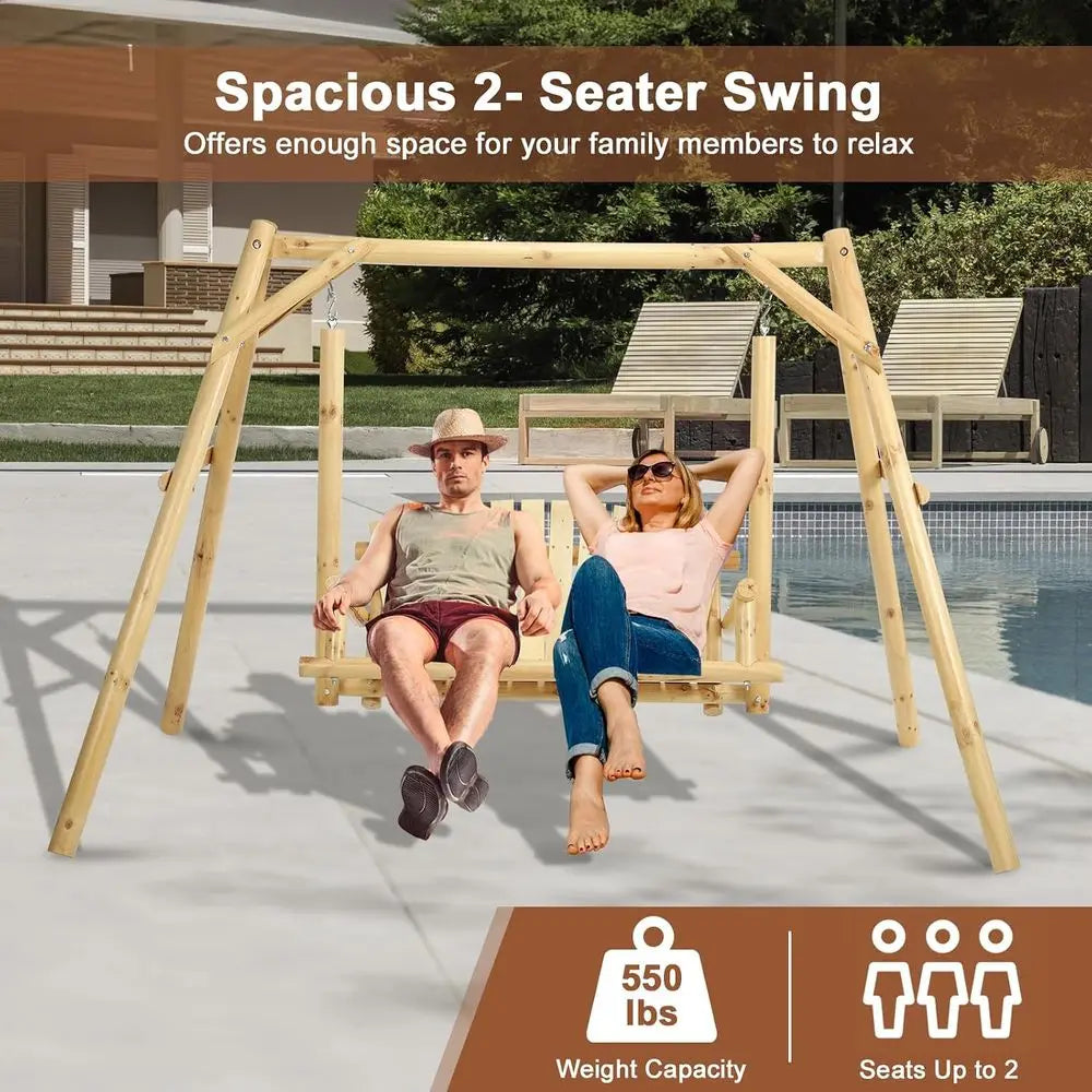 Durable 2-Seat Wooden Porch Swing with A-Frame Stand, Outdoor Patio Swing Bench, High Capacity for Backyard or Garden