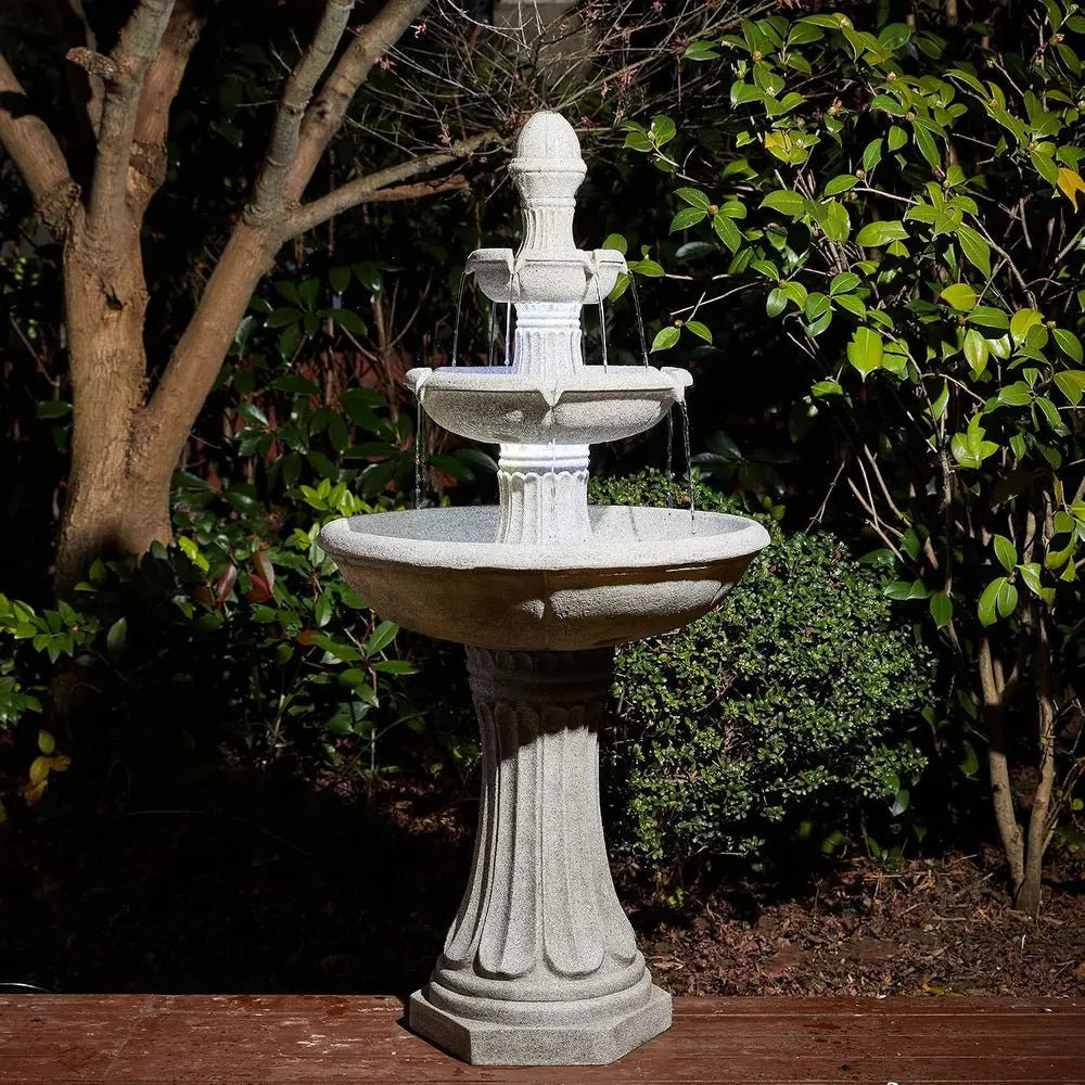 3-Tier Resin Patio Waterfall with Pump and LED Light, Sand Beige Outdoor Floor Fountain for Garden and Backyard