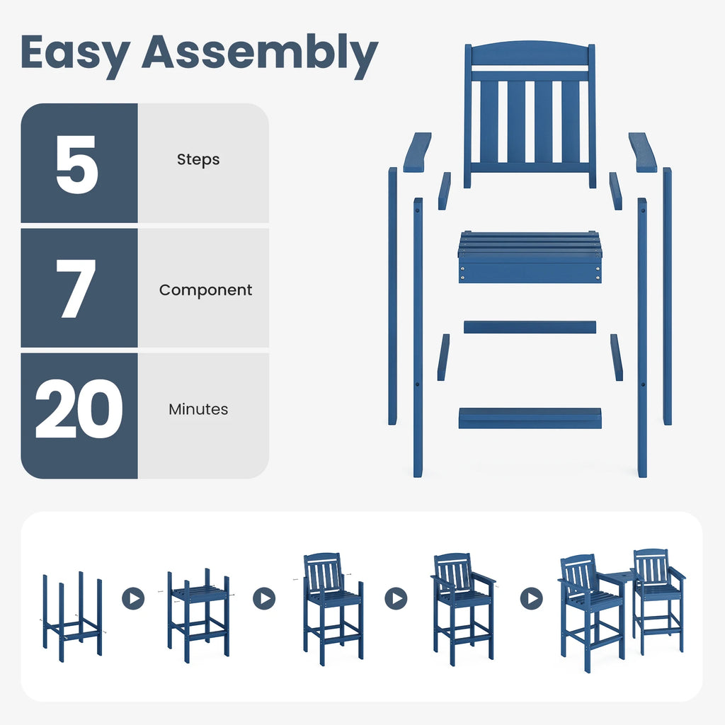 Farini Set of 2 Tall Adirondack Chairs, HDPE Bar Stools with Connecting Tray, All-Weather Patio Chair, Bar Height for Balcony