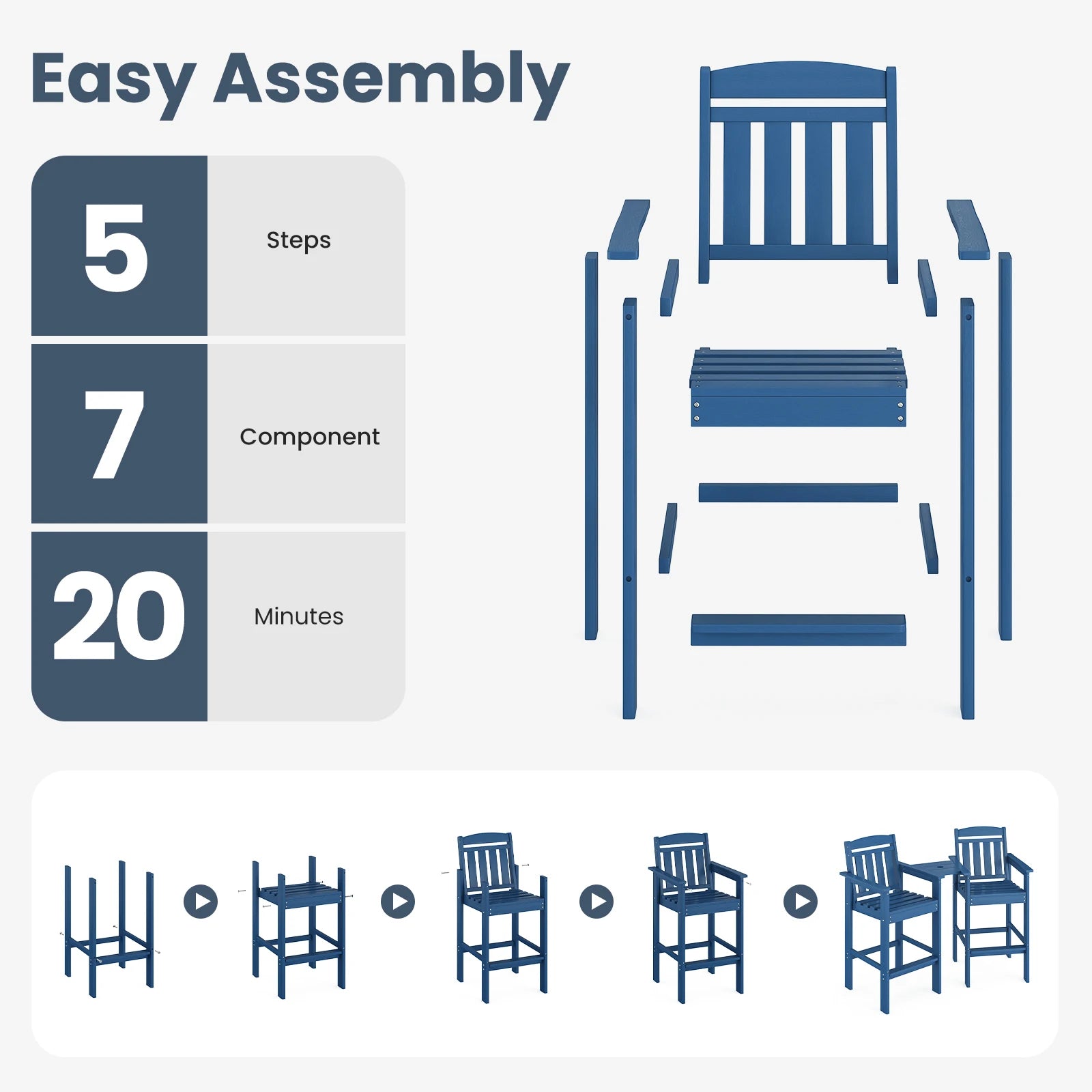 Farini Set of 2 Tall Adirondack Chairs, HDPE Bar Stools with Connecting Tray, All-Weather Patio Chair, Bar Height for Balcony