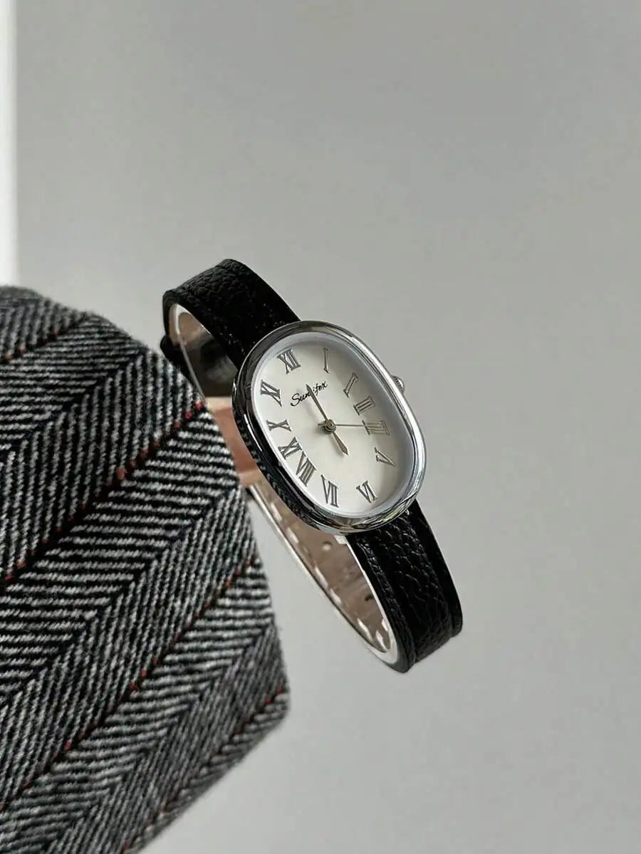 1pc Vintage Style Adjustable Strap Quartz Women's Watch, Oval Dial, Roman Numeral Markers, Compact Design, Suitable For Daily