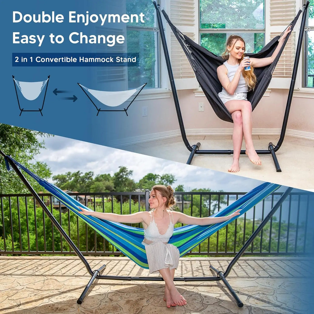 Outdoor 2-in-1 Hammock Chair with Stand in Blue Stripe, 475 lbs Capacity, Heavy Duty, Patented