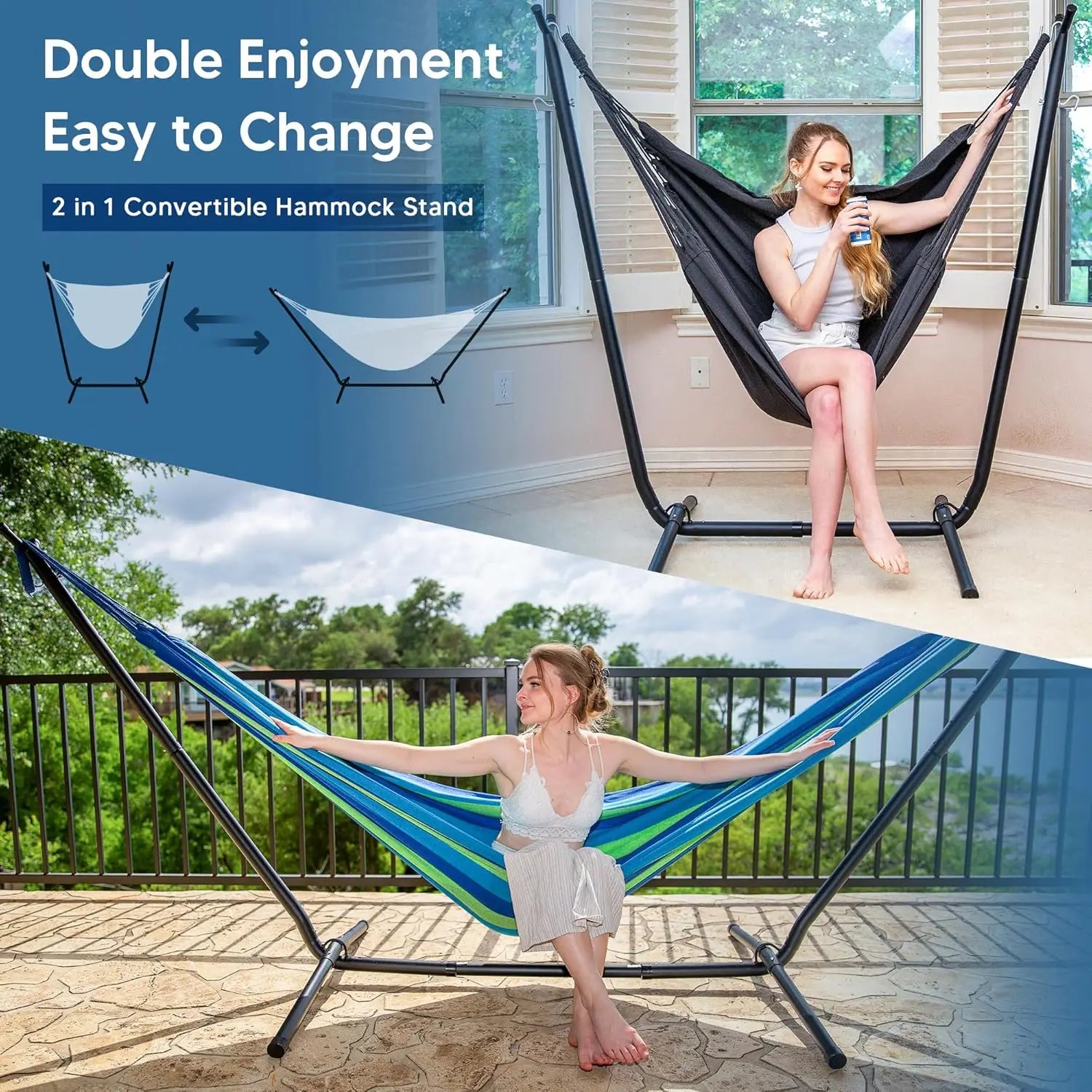 Outdoor 2-in-1 Hammock Chair with Stand in Blue Stripe, 475 lbs Capacity, Heavy Duty, Patented