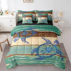 7-Piece Sea Turtle Bedding Set in Vintage Geometric Stripe, Ocean-Themed Queen Comforter