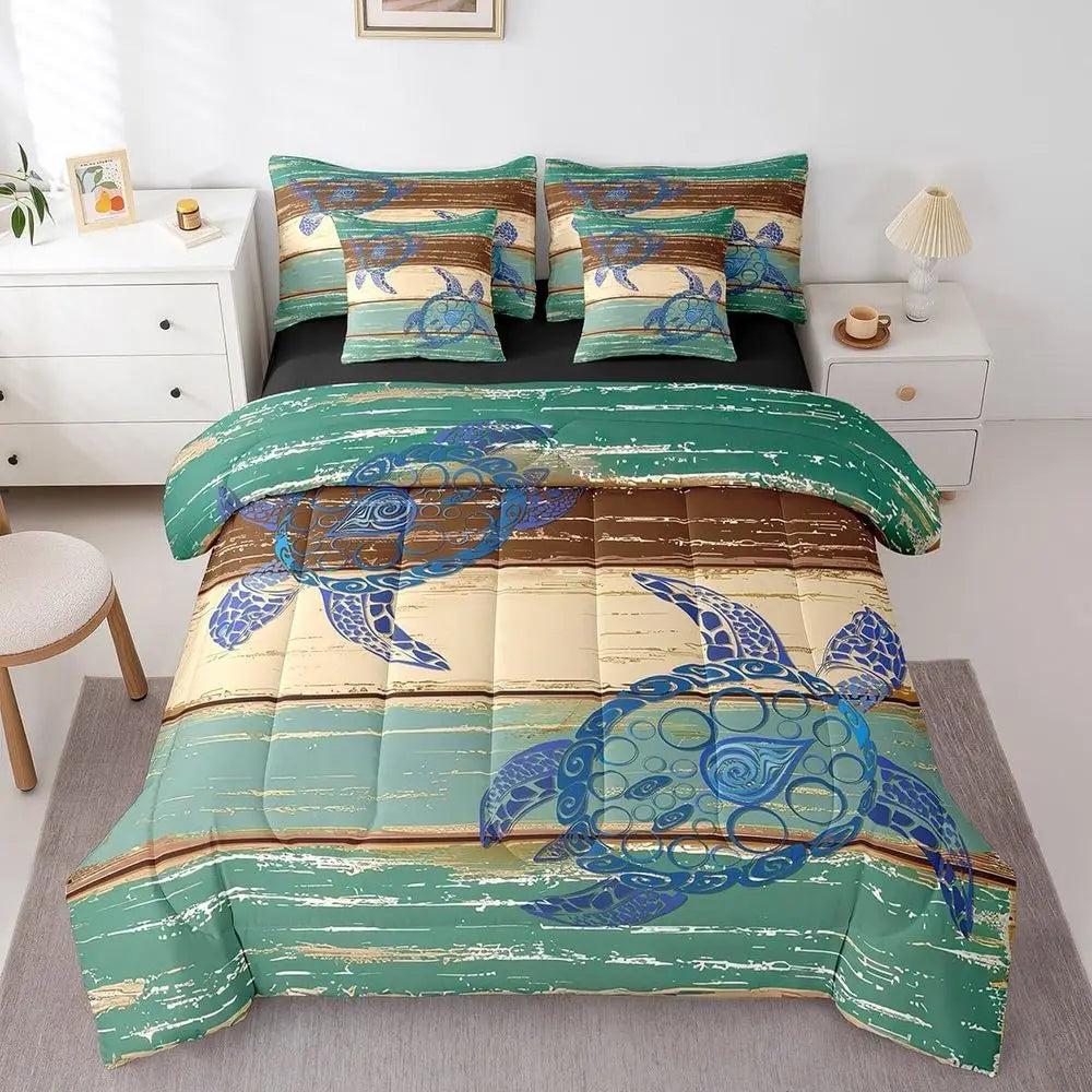 7-Piece Sea Turtle Bedding Set in Vintage Geometric Stripe, Ocean-Themed Queen Comforter