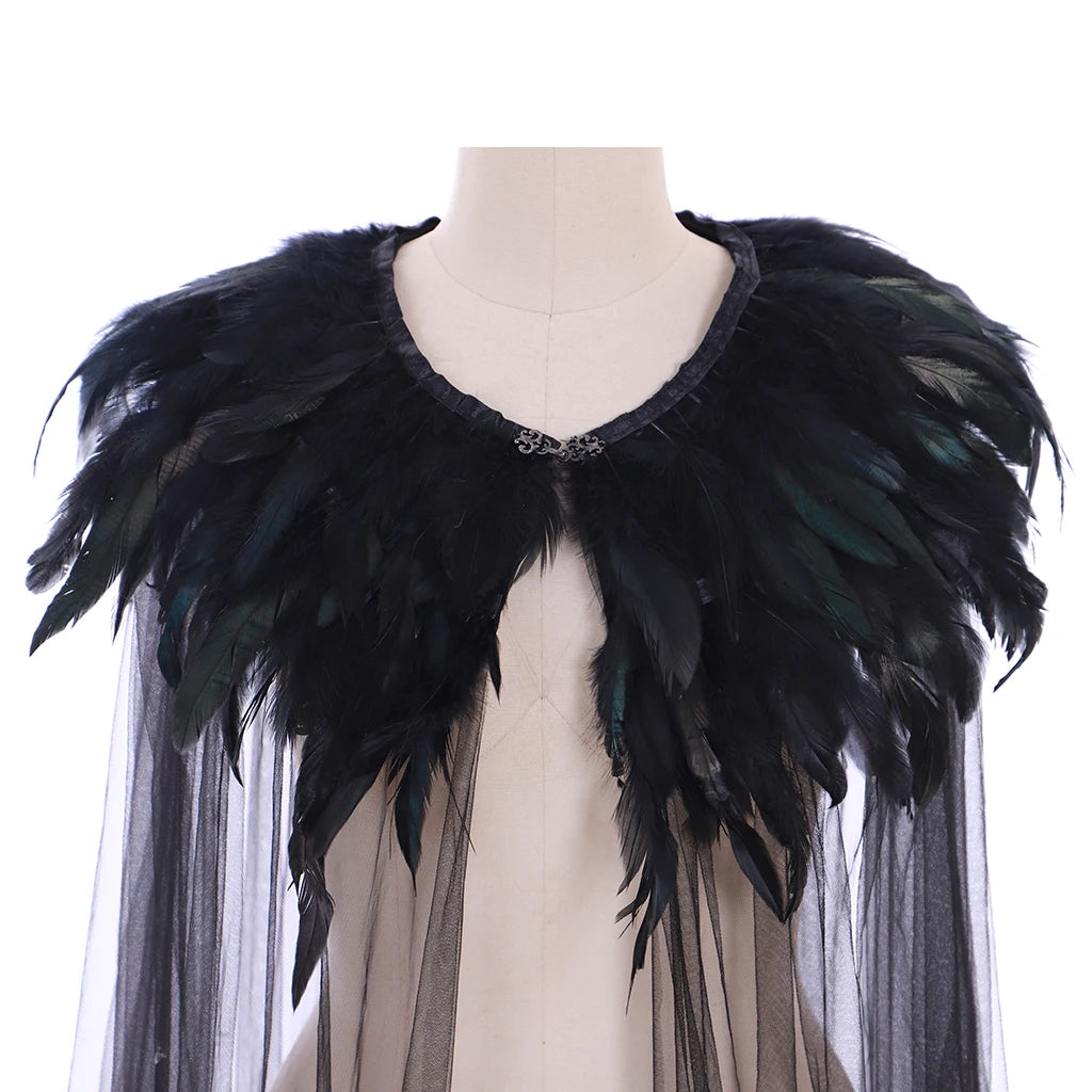 Gothic Black Feather Cloak Unisex Medieval Cape Shawl Mesh Festival Rave Role Playing Cosplay Costume Carnival cloak
