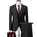 Men Lapel Black Collar 3 Pcs Suit Set Coat Vest Trousers / Business Groom Wedding Dress Fprmal Blazer Pants Waistcoat
