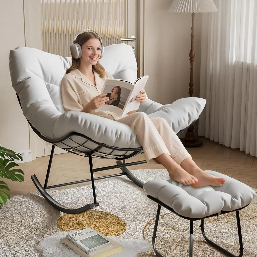 Oversized Papasan Rocking Chair With Footrest, Indoor Outdoor Egg Lounge Rocker, 350LBS Metal Frame For Patio Porch Living Room