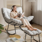 Oversized Papasan Rocking Chair With Footrest, Indoor Outdoor Egg Lounge Rocker, 350LBS Metal Frame For Patio Porch Living Room