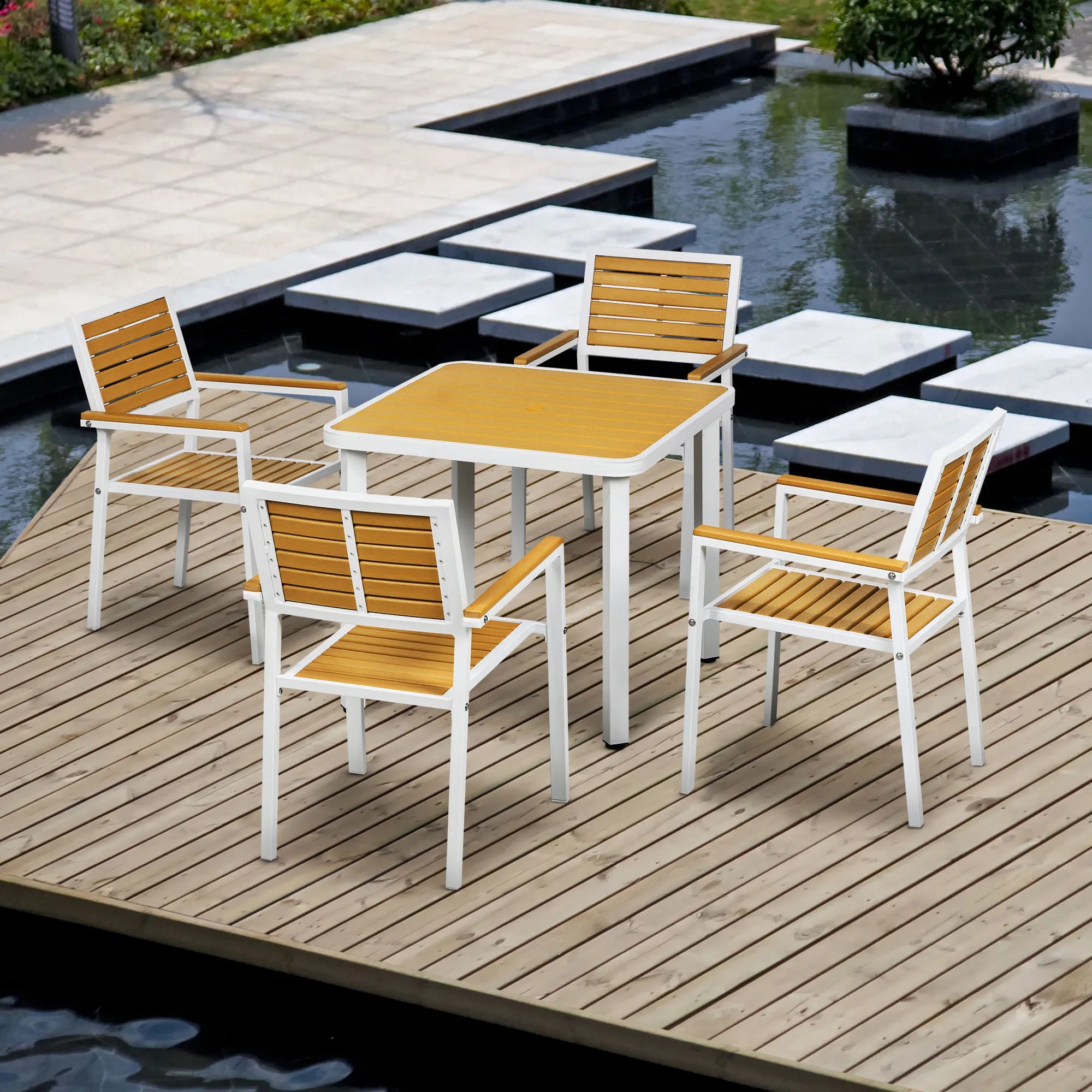 5Pc Outdoor Table and Chairs, Aluminum Patio Dining Set for 4 W/ Hdpe Materials Dinner Table with Umbrella Hole Yellow