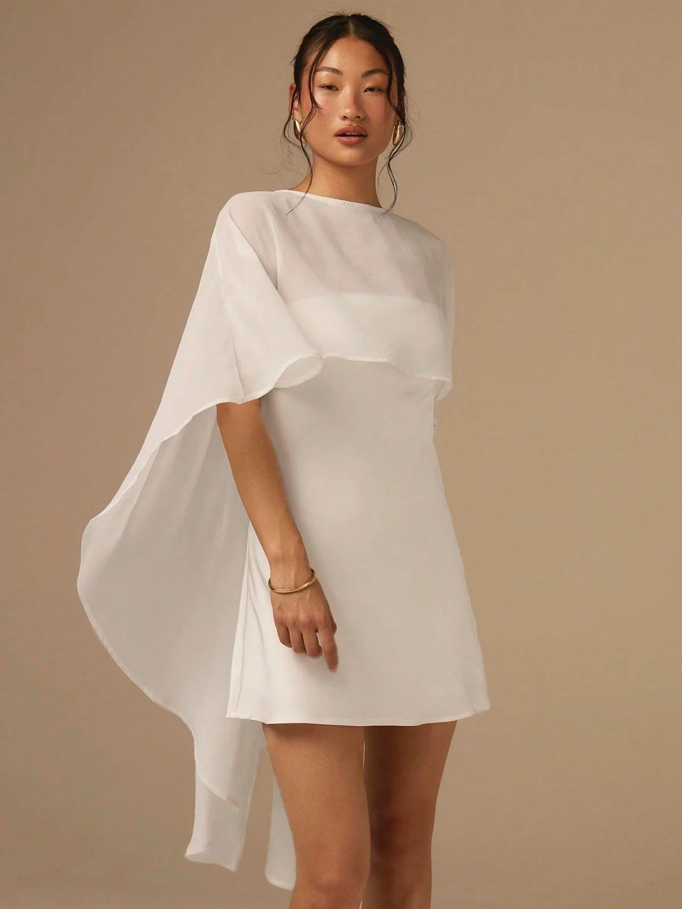 White Satin Mini Dress With Flowing Cape Shawl, Bias Cut Solid Cocktail Outfit For Wedding Party Event Vacation
