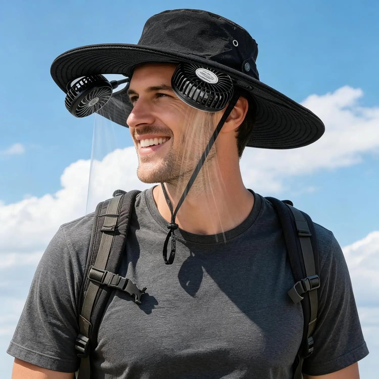 Unisex Rechargeable Hands Free Fan Bucket Hat UPF 50+ Waterproof Breathable Wide Brim Sun Hat Long Lasting Battery For Fishing Beach Gardening Safari