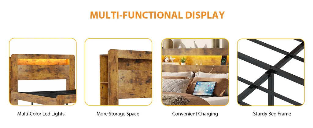US Queen Size Bed Frame with Storage Headboard Platform Bed Frame with Charging Station LED Light Easy Assembly No Box Spring